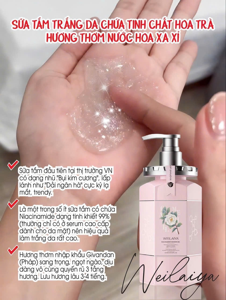 Sữa Tắm Trắng Da Hoa Trà Camellia Weilaiya 450ml + Tặng Bông Tắm