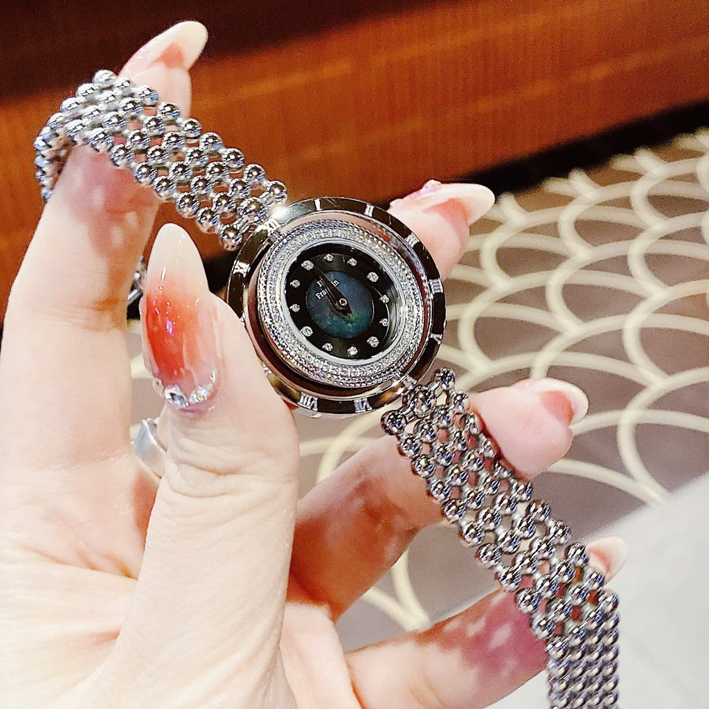 Đồng Hồ Nữ Franklin Dây Thép Silver Mặt Xà Cừ Đen Xoay 360 Độ Size 32mm FL5488 Tặng Kèm Vòng Tay