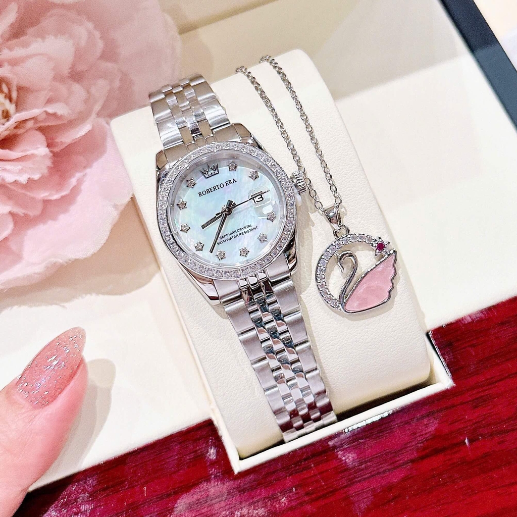 Đồng Hồ Nữ Roberto Era Dây Thép Silver Mặt Xà Cừ Trắng Viền Đá Size 28mm Roberto Era RE120