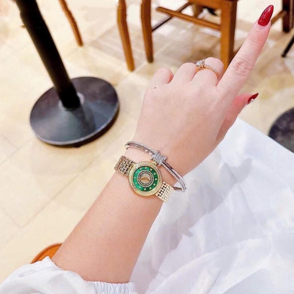 Đồng Hồ Nữ Franklin FL5688 Chính Hãng Dây Thép Vàng Gold Mặt Xanh Lá Size 29mm Viền Đá Tặng Kèm Lắc Tay