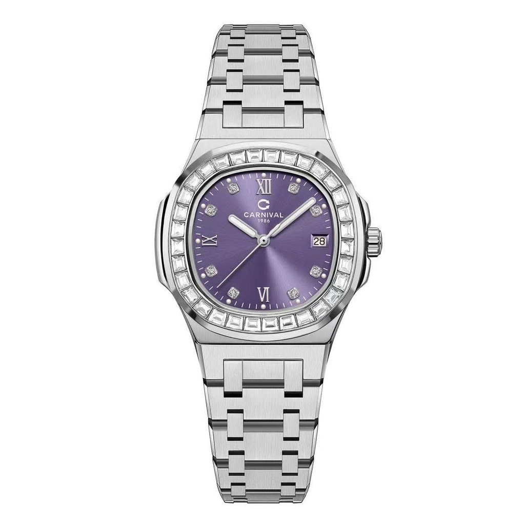 Đồng Hồ Nữ Carnival 8160L2-VT-TIM Dây Thép Silver Mặt Tím Viền Đá Size 34mm Sapphire