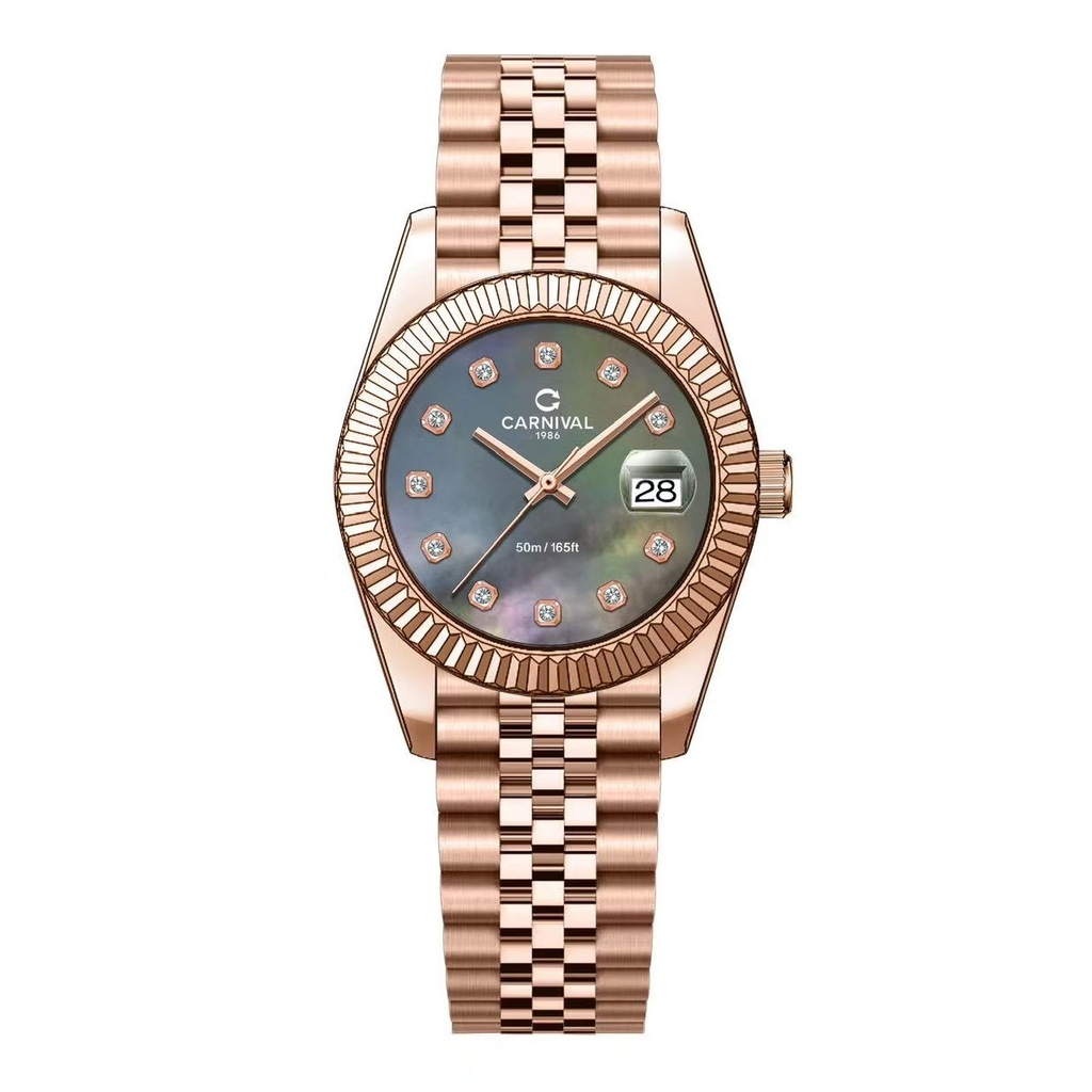 Đồng Hồ Nữ Carnival 8250L-VH-DK Màu Vàng Hồng Mặt Xà Cừ Xám Đen Size 30mm - Quartz Japan