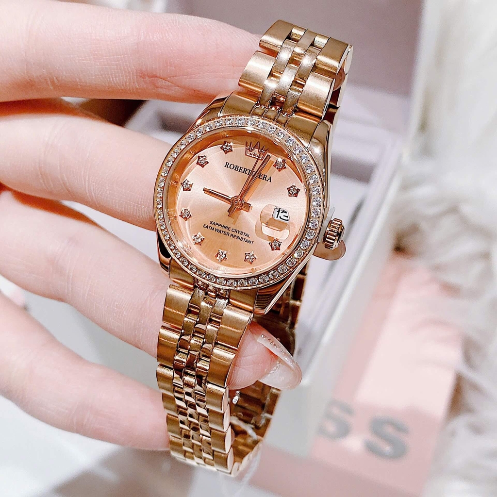 Đồng Hồ Nữ Roberto Era Dây Thép Vàng Hồng Viền Đá Size 28mm Roberto Era RE120