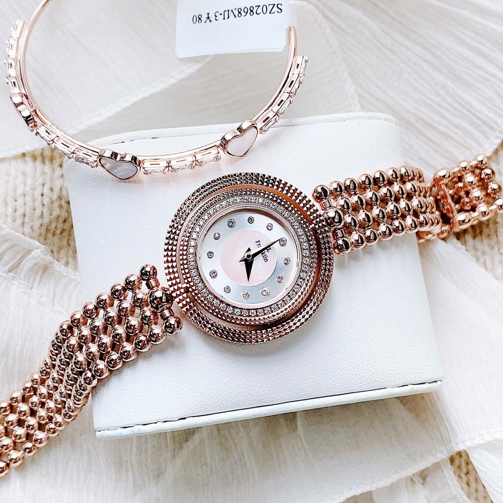 Đồng Hồ Nữ Franklin Màu Vàng Hồng Mặt Xà Cừ Trắng Size 32mm Mặt Xoay 360 Độ FL5488 Tặng Kèm Vòng Tay