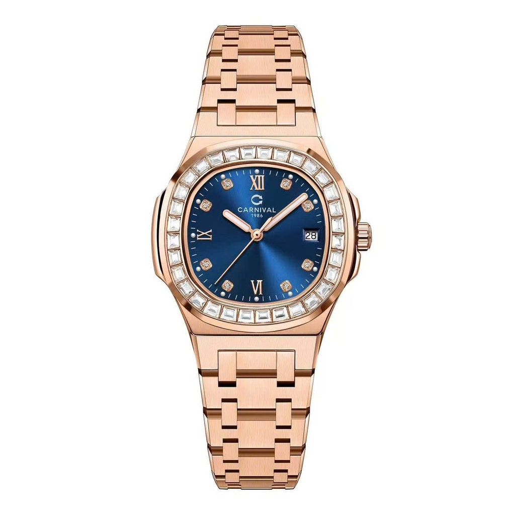 Đồng Hồ Nữ Carnival 8160L2-VH-X Vàng Hồng Mặt Xanh Dương Viền Đá Size 34mm Sapphire