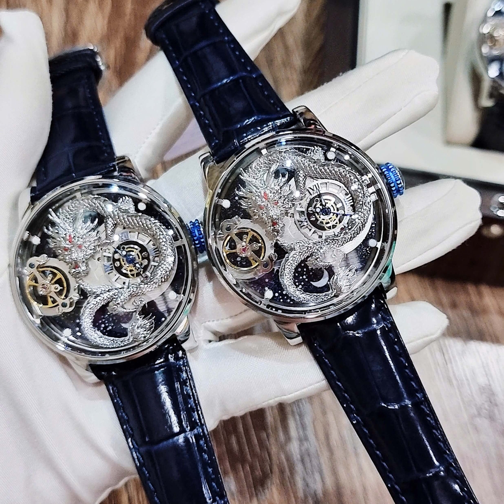 Đồng Hồ Nam Hanboro Automatic Dây Da Xanh Đậm Vỏ Silver Mặt Rồng Size 44mm HBR1018
