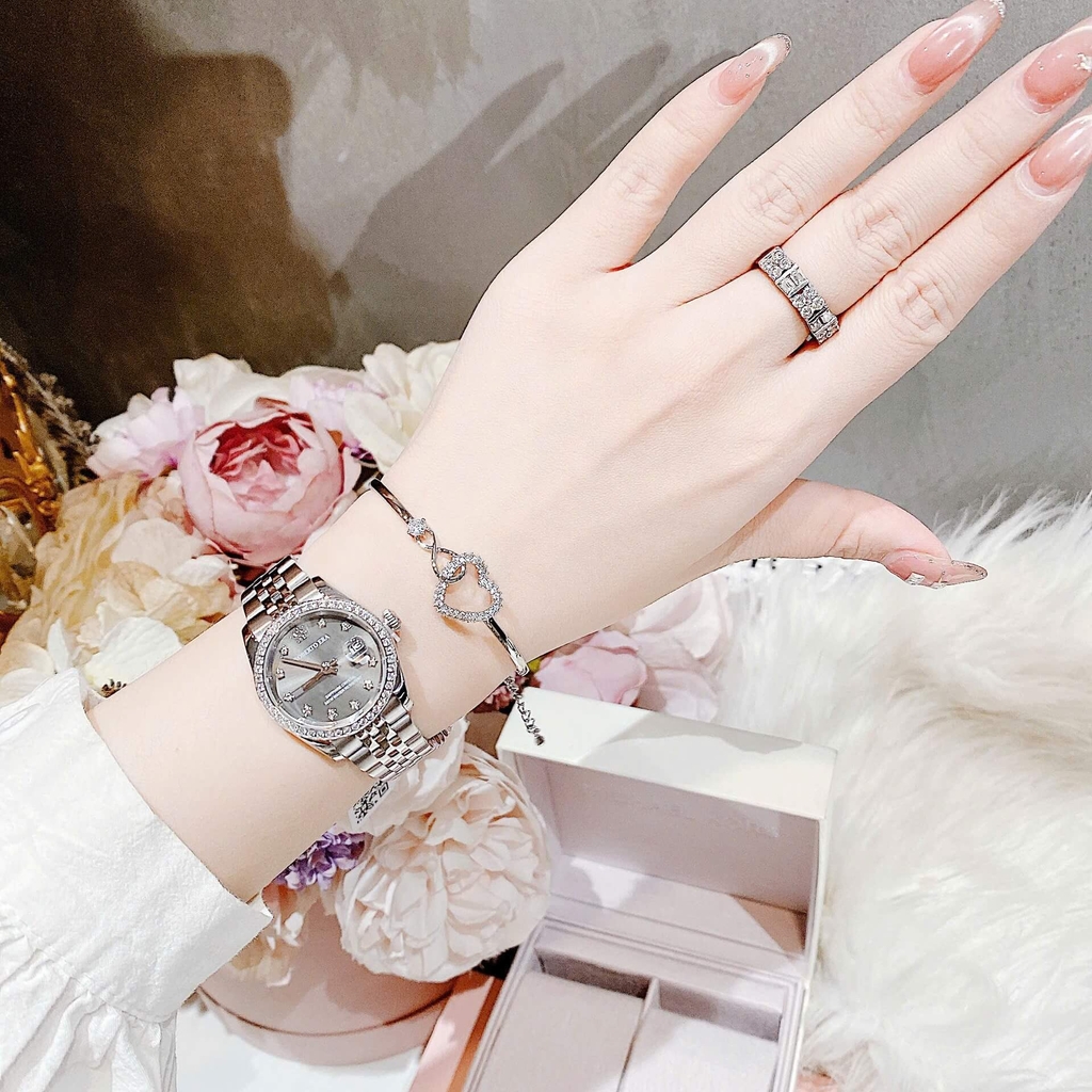 Đồng Hồ Nữ Roberto Era Dây Thép Silver Mặt Xám Viền Đá Size 28mm Roberto Era RE120