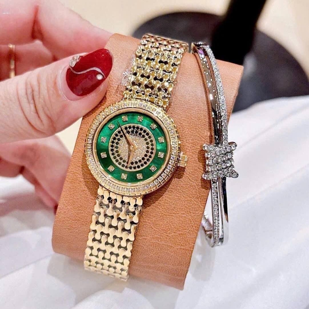 Đồng Hồ Nữ Franklin FL5688 Chính Hãng Dây Thép Vàng Gold Mặt Xanh Lá Size 29mm Viền Đá Tặng Kèm Lắc Tay