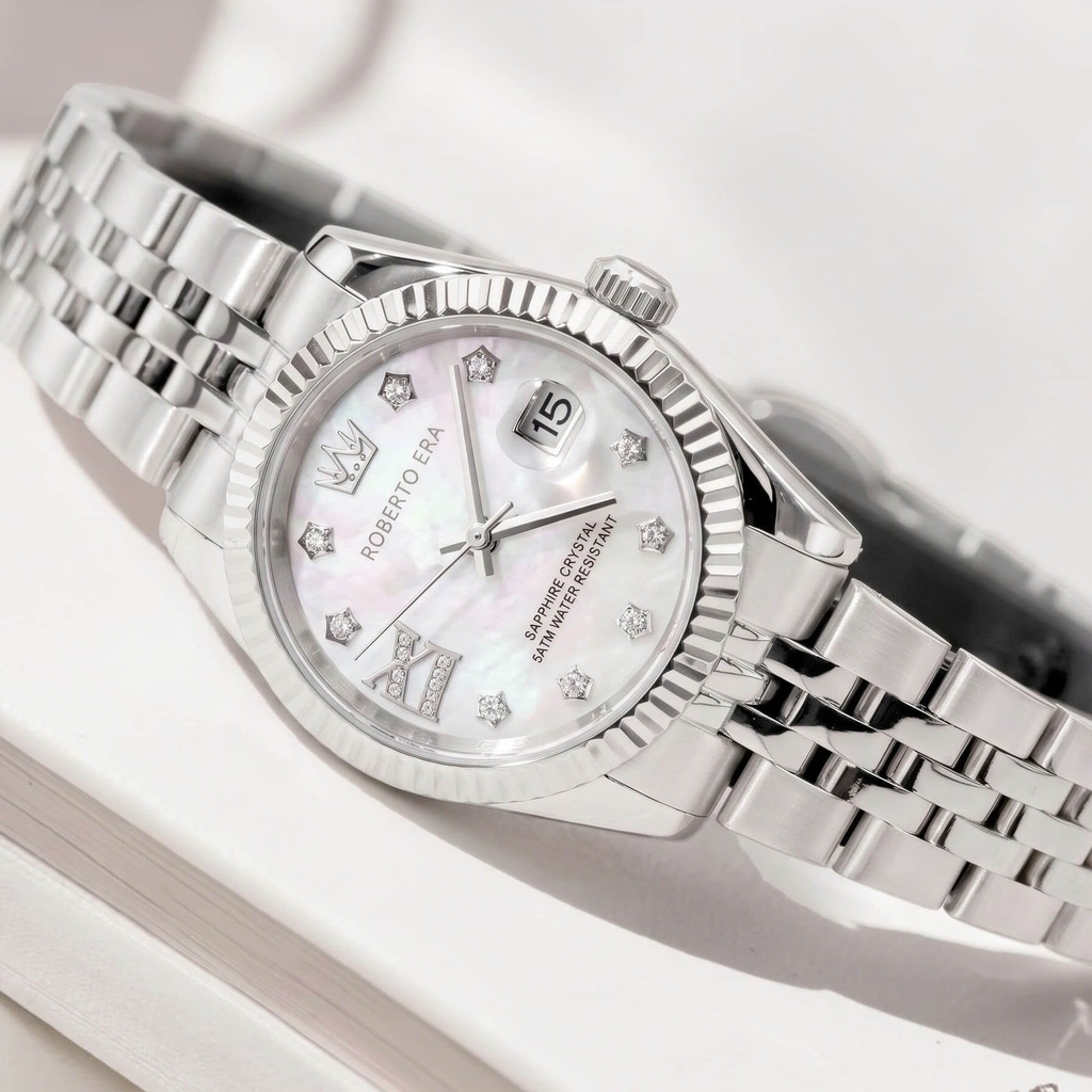 Đồng Hồ Nữ Roberto Era Dây Thép Silver Mặt Xà Cừ Trắng Niềng Khía Size 28mm RE1201