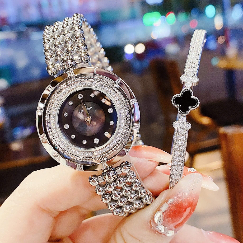 Đồng Hồ Nữ Franklin Dây Thép Silver Mặt Xà Cừ Đen Xoay 360 Độ Size 32mm FL5488 Tặng Kèm Vòng Tay