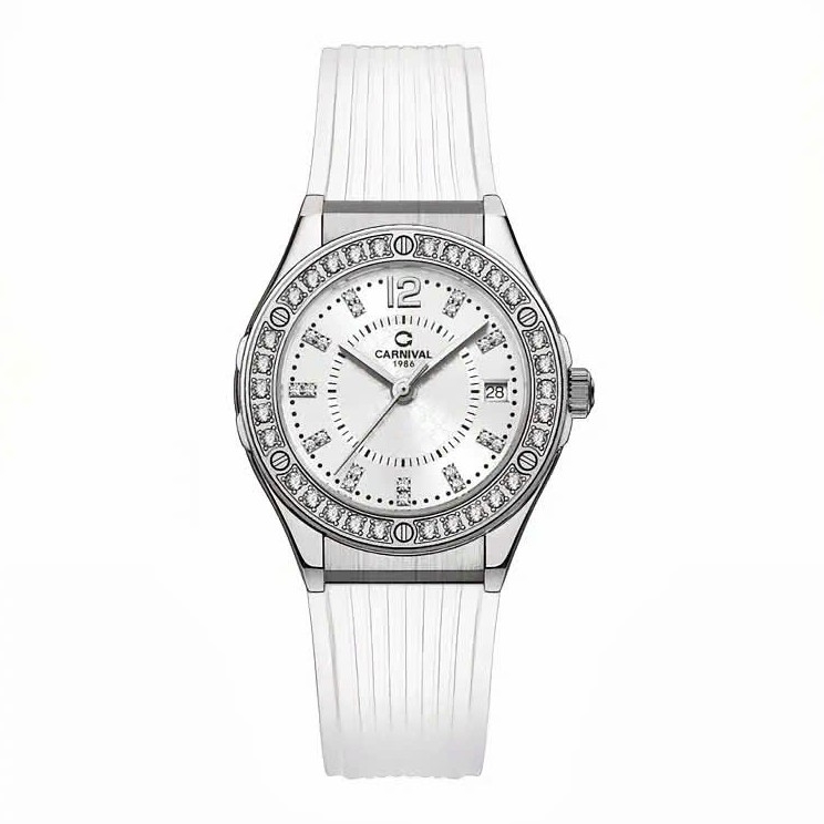 Đồng Hồ Nữ Carnival 8173L2 Dây Cao Su Trắng Đính Đá Silver Size 34mm Quartz Japan Carnival 8173L2-VT-DCS-T1