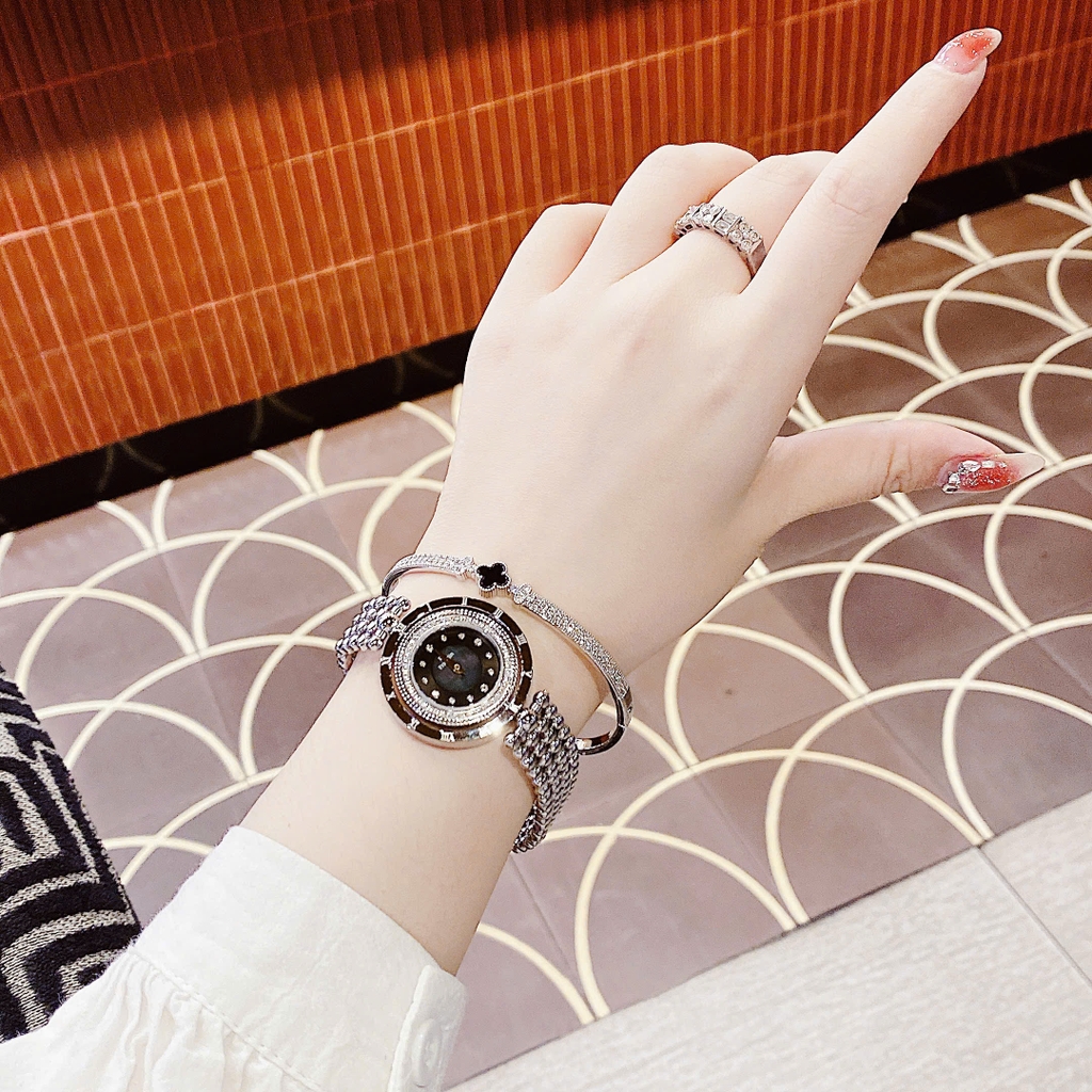 Đồng Hồ Nữ Franklin Dây Thép Silver Mặt Xà Cừ Đen Xoay 360 Độ Size 32mm FL5488 Tặng Kèm Vòng Tay