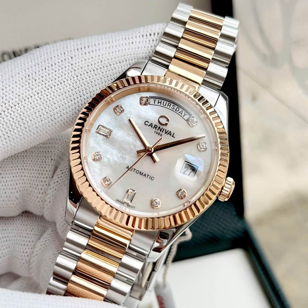 Đồng Hồ Nam Carnival 8239G-CH-TK Automatic Demi Vàng Hồng Mặt Xà Cừ Trắng Size 38mm Chính Hãng