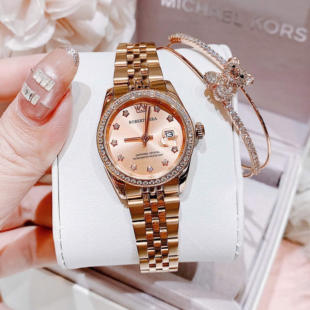 Đồng Hồ Nữ Roberto Era Dây Thép Vàng Hồng Viền Đá Size 28mm Roberto Era RE120