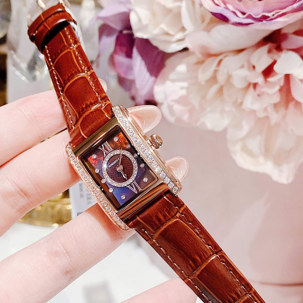 Set Đồng Hồ Nữ Roberto Era Dây Da Nâu Mặt Chữ Nhật Size 28mm Viền Mặt Đính Đá Vỏ Rose Gold RE350