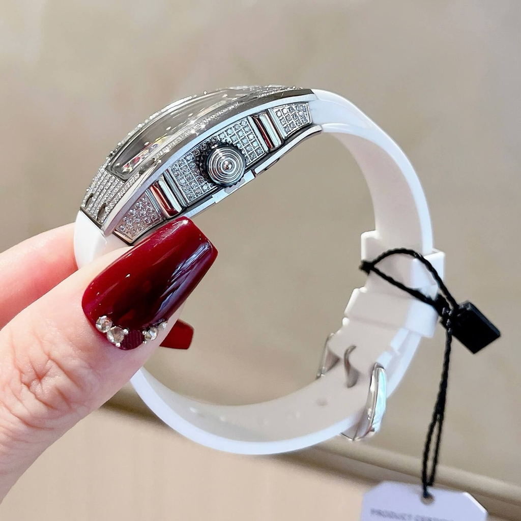 Đồng Hồ Nữ Hanboro Mặt Cười Dây Cao Su Trắng Chính Hãng Đính Đá Silver Mặt Size 36mm Quartz