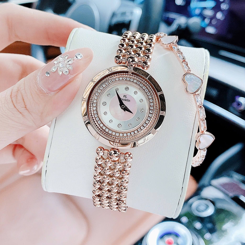 Đồng Hồ Nữ Franklin Màu Vàng Hồng Mặt Xà Cừ Trắng Size 32mm Mặt Xoay 360 Độ FL5488 Tặng Kèm Vòng Tay