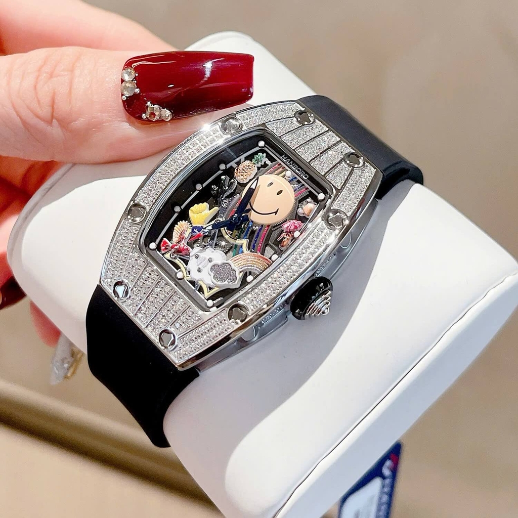 Đồng Hồ Nữ Hanboro Mặt Cười Dây Cao Su Đen Chính Hãng Đính Đá Silver Mặt Size 36mm Quartz
