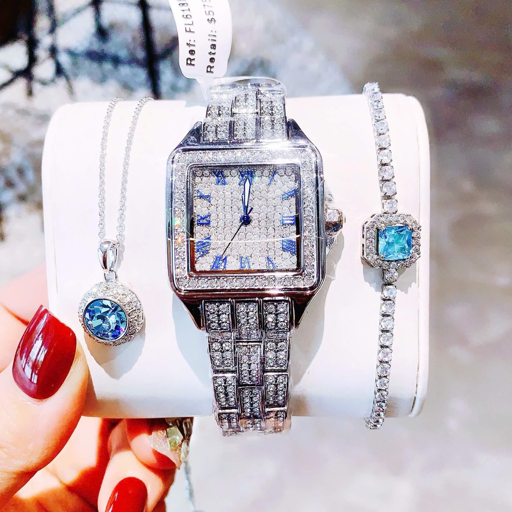 Đồng Hồ Nữ Franklin Đính Đá Chính Hãng Mặt Vuông Size 34mm Kim Xanh Quartz FL6188