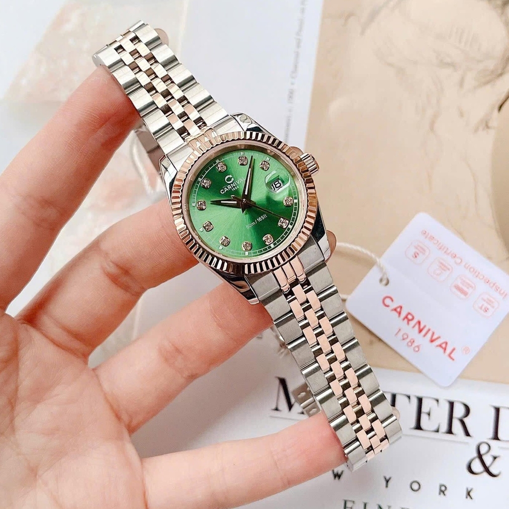 Đồng Hồ Nữ Carnival 8131L-CH-XL Demi Vàng Hồng Mặt Xanh Lá Size 30mm Quartz Japan