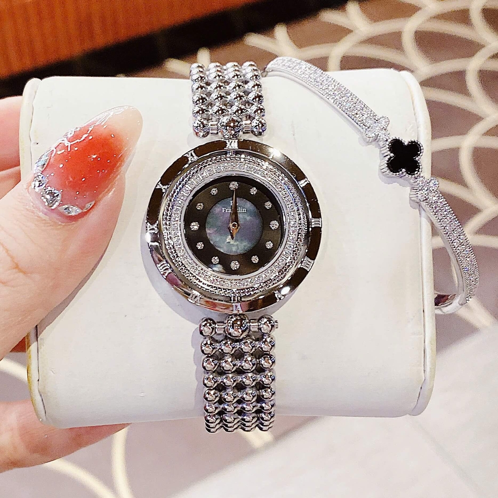 Đồng Hồ Nữ Franklin Dây Thép Silver Mặt Xà Cừ Đen Xoay 360 Độ Size 32mm FL5488 Tặng Kèm Vòng Tay