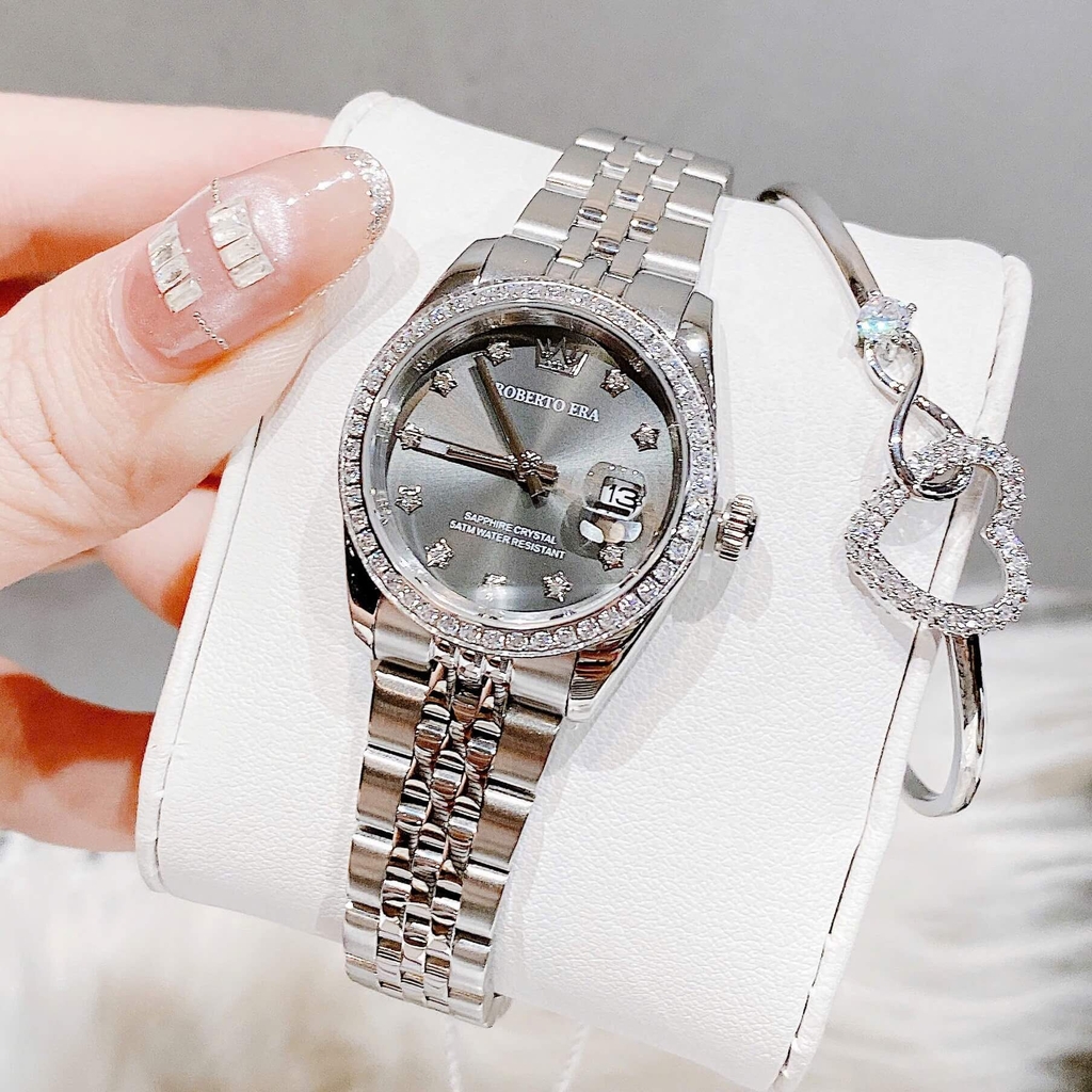 Đồng Hồ Nữ Roberto Era Dây Thép Silver Mặt Xám Viền Đá Size 28mm Roberto Era RE120
