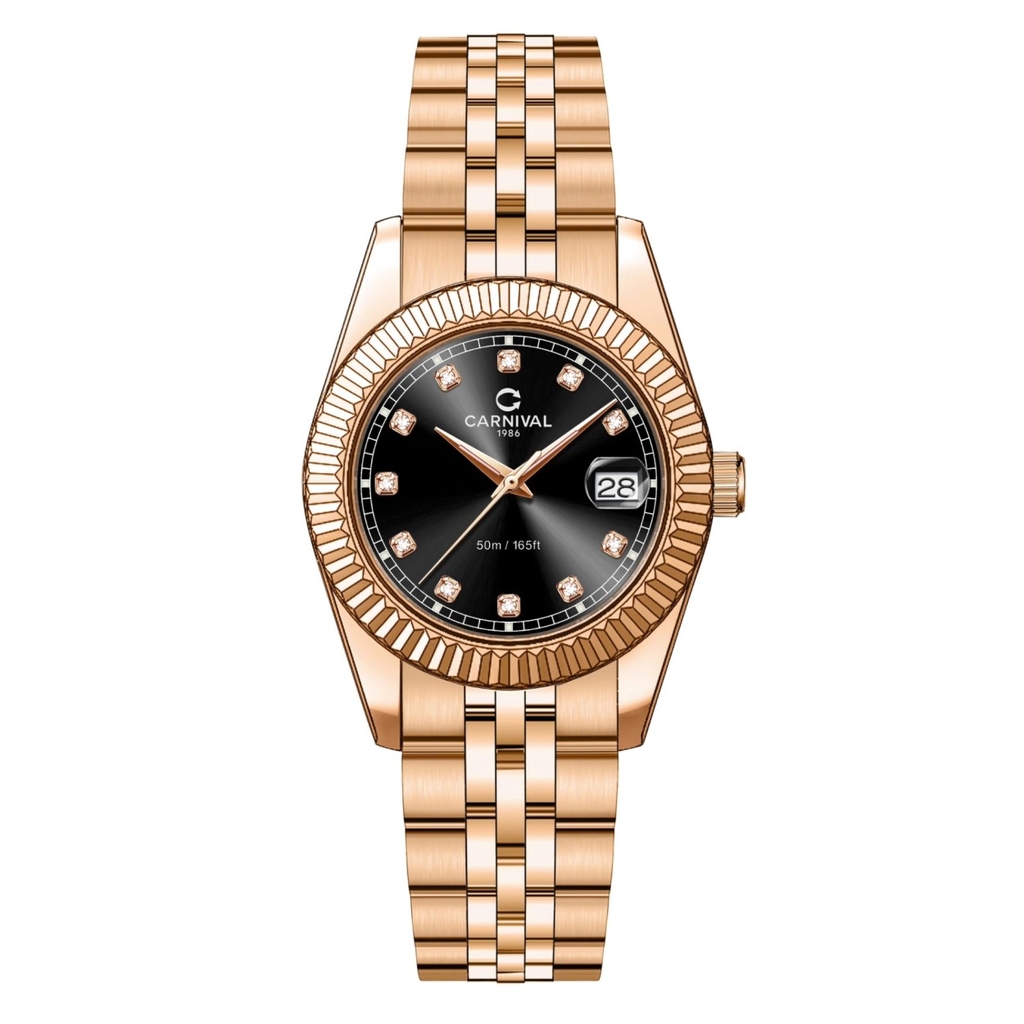 Đồng Hồ Nữ Carnival 8131L-VH-D Dây Thép Vàng Hồng Mặt Đen Size 30mm Quartz Japan