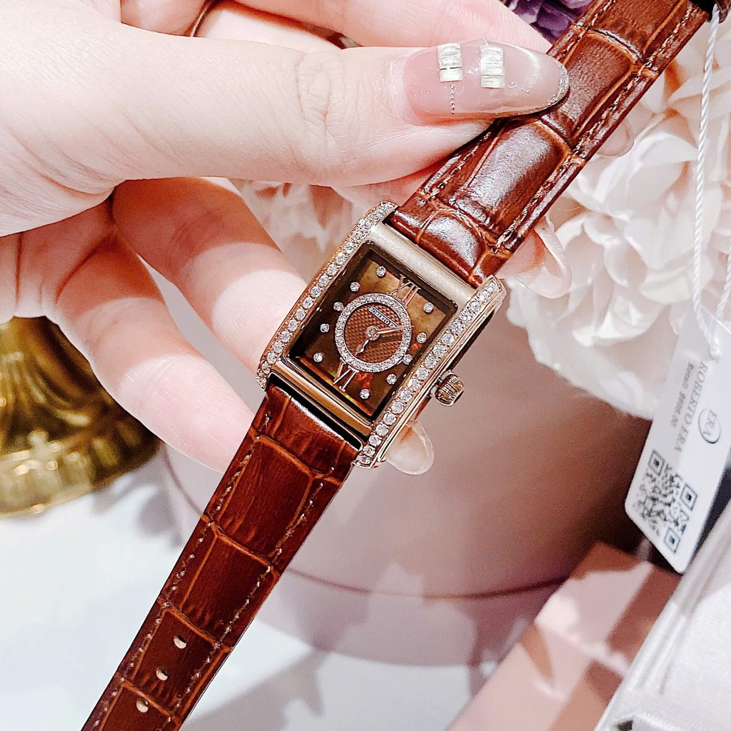 Set Đồng Hồ Nữ Roberto Era Dây Da Nâu Mặt Chữ Nhật Size 28mm Viền Mặt Đính Đá Vỏ Rose Gold RE350