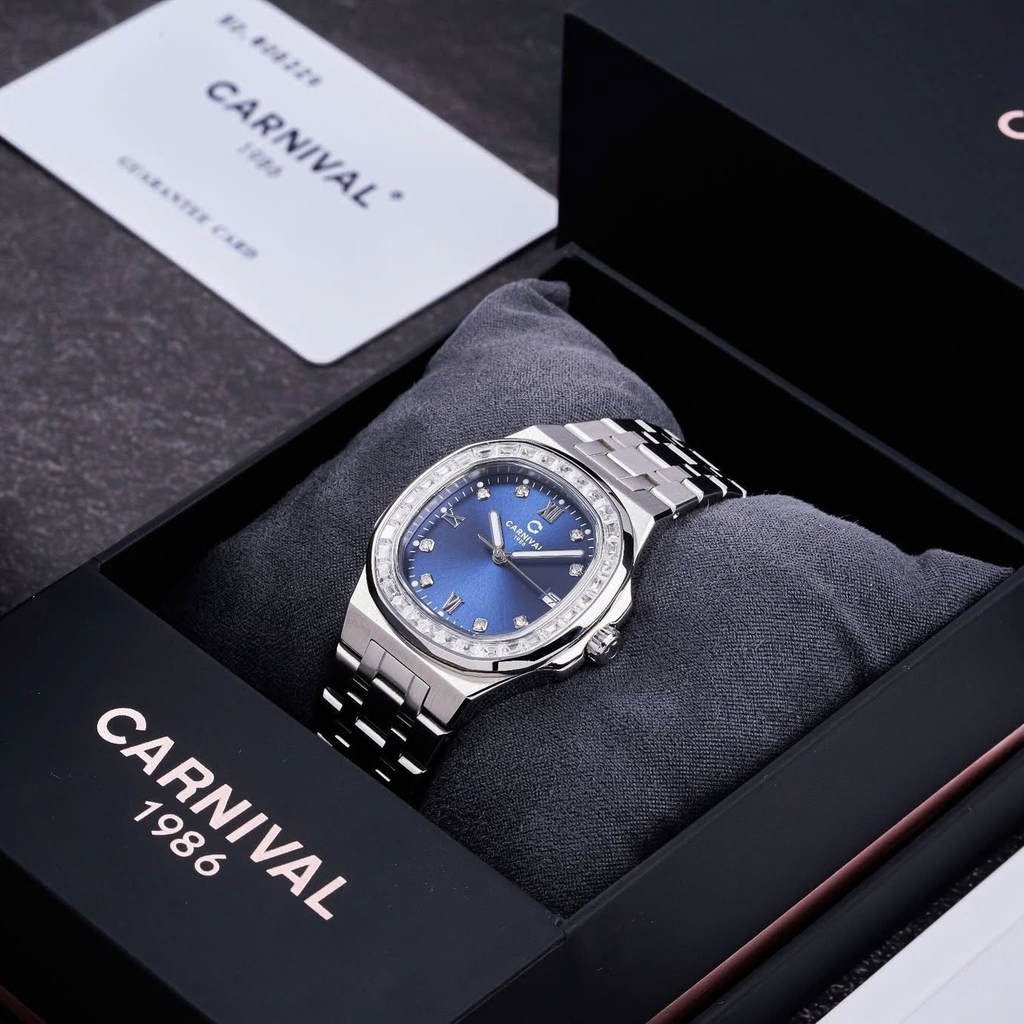 Đồng Hồ Nữ Carnival 8160L2-VT-X Dây Thép Silver Mặt Xanh Dương Viền Đá Size 34mm Sapphire