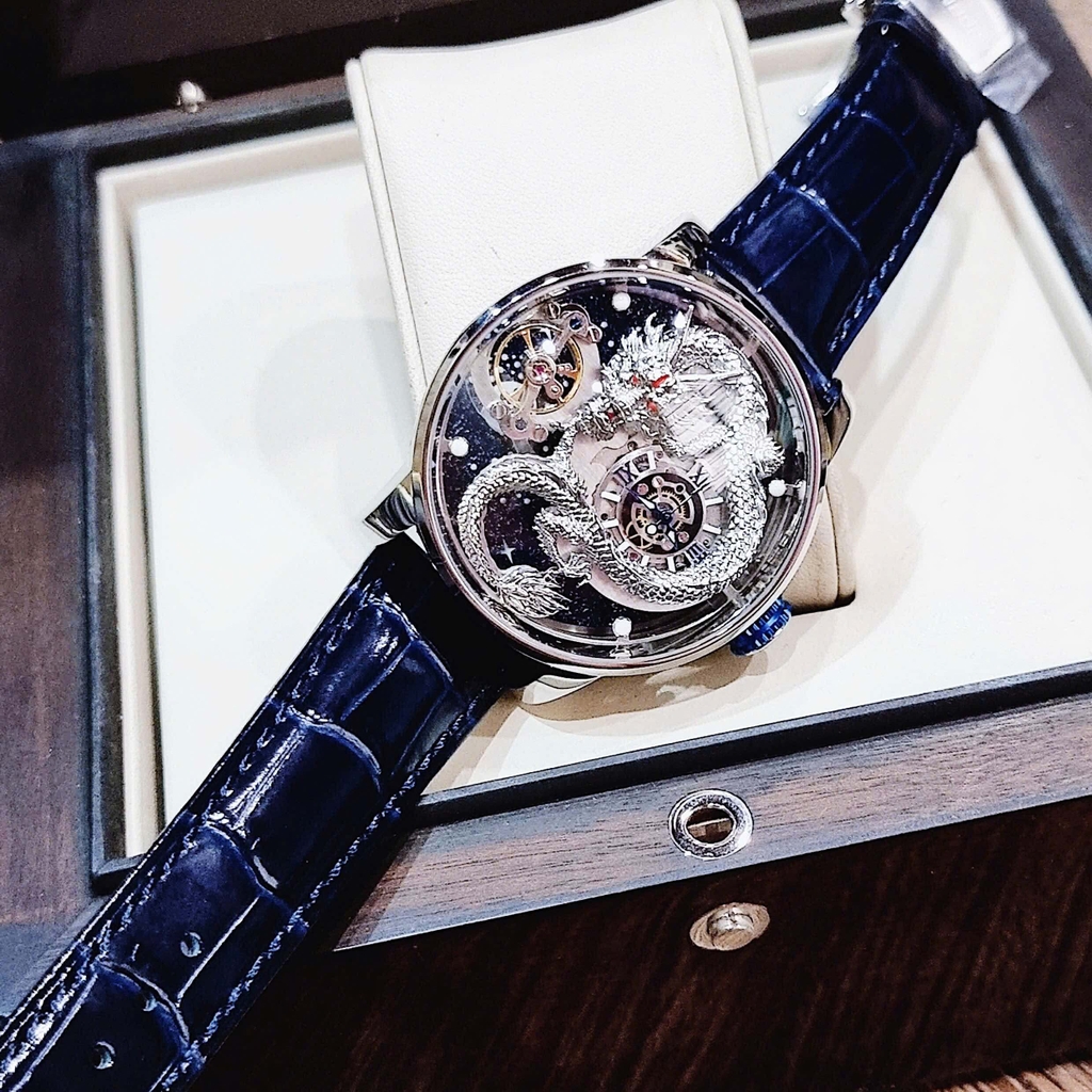 Đồng Hồ Nam Hanboro Automatic Dây Da Xanh Đậm Vỏ Silver Mặt Rồng Size 44mm HBR1018