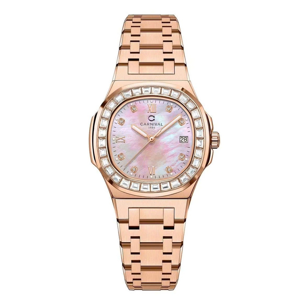 Đồng Hồ Nữ Carnival 8160L2-VH-HK Vàng Hồng Mặt Xà Cừ Hồng Viền Đá Size 34mm Sapphire