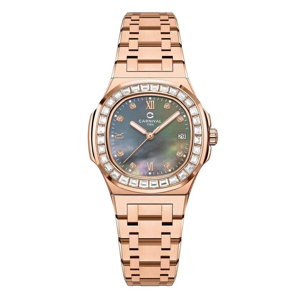 Đồng Hồ Nữ Carnival 8160L2-VH-DK Vàng Hồng Mặt Xà Cừ Xám Viền Đá Size 34mm Sapphire