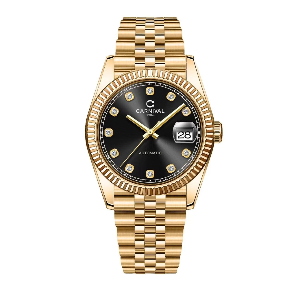 Đồng Hồ Nam Carnival 8250G-VV-D Automatic Dây Thép Vàng Mặt Đen Size 38mm