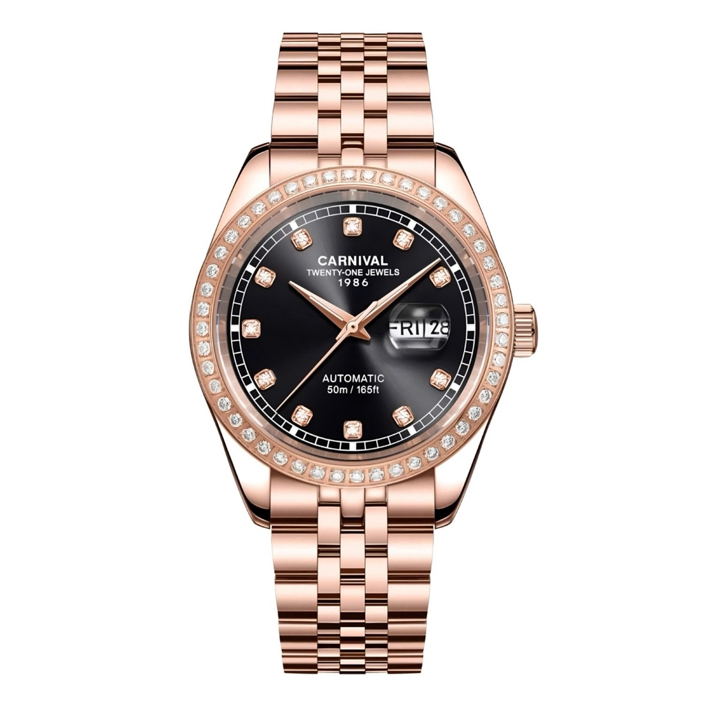 Đồng Hồ Nam Carnival 8131G2-VH-D Automatic Dây Thép Vàng Hồng Mặt Đen Size 40mm