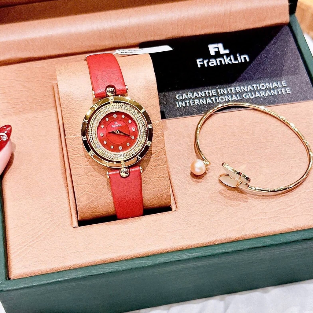 Đồng Hồ Nữ Franklin Dây Da Đỏ Chính Hãng Mặt Xoay 360 Độ Franklin FL5489 Quartz