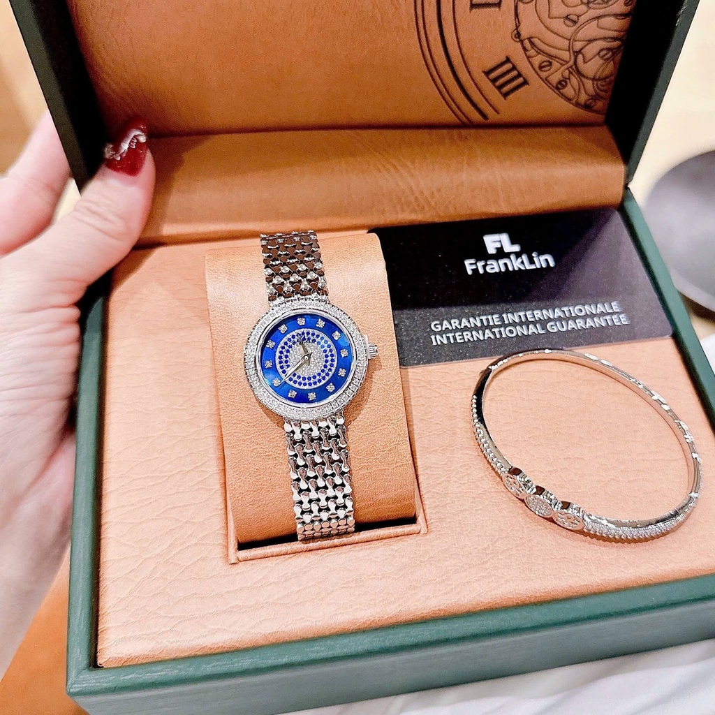 Đồng Hồ Nữ Franklin FL5688 Chính Hãng Dây Thép Silver Mặt Xanh Size 29mm Viền Đá Tặng Kèm Lắc Tay