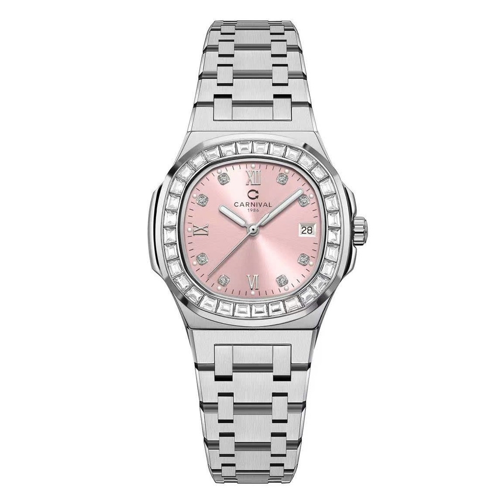 Đồng Hồ Nữ Carnival 8160L2-VT-H Dây Thép Silver Mặt Hồng Viền Đá Size 34mm Sapphire