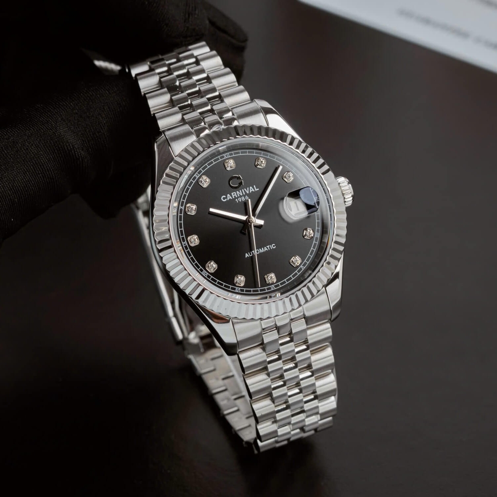 Đồng Hồ Nam Carnival 8250G-VT-D Automatic Dây Thép Bạc Mặt Đen Size 38mm