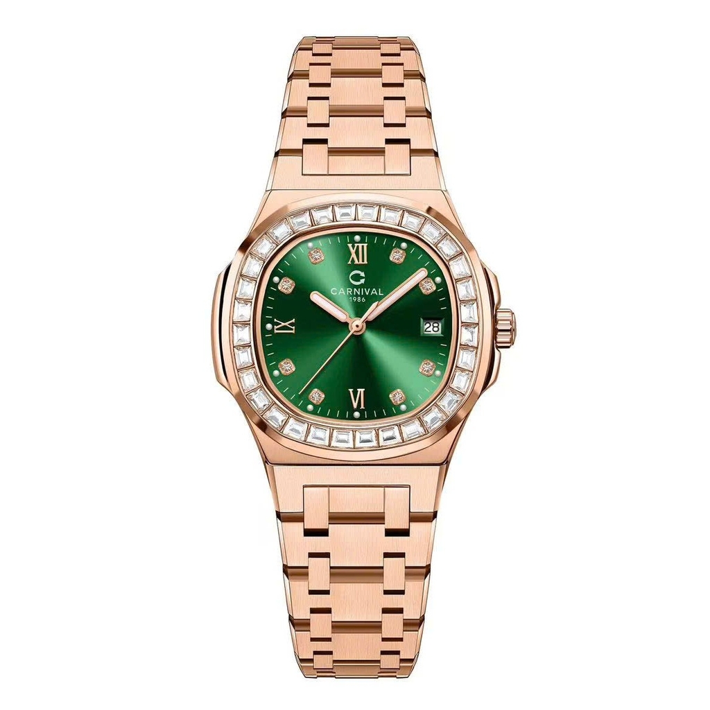 Đồng Hồ Nữ Carnival 8160L2-VH-XL Vàng Hồng Mặt Xanh Lá Viền Đá Size 34mm Sapphire