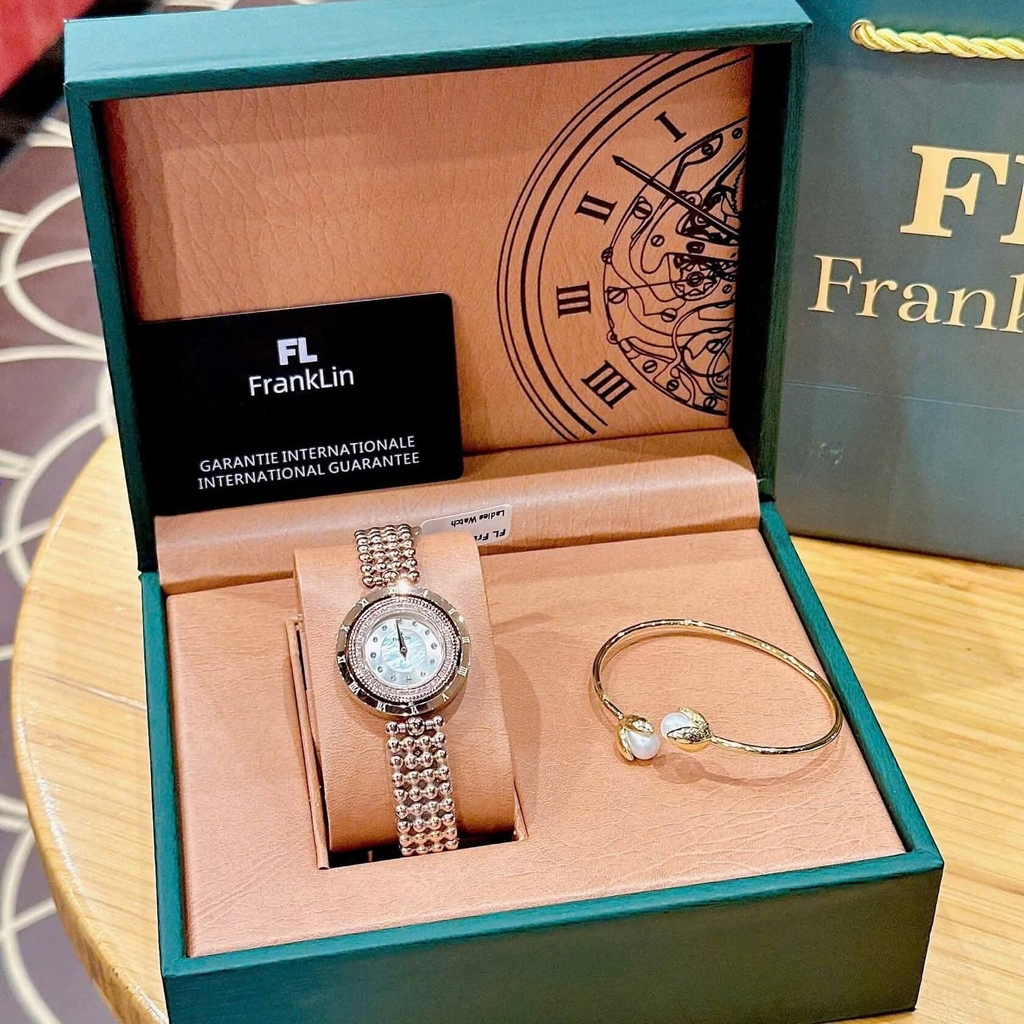 Đồng Hồ Nữ Franklin FL5488 Dây Thép Vàng Hồng Mặt Xà Cừ Trắng Size 32mm Mặt Xoay 360 Độ