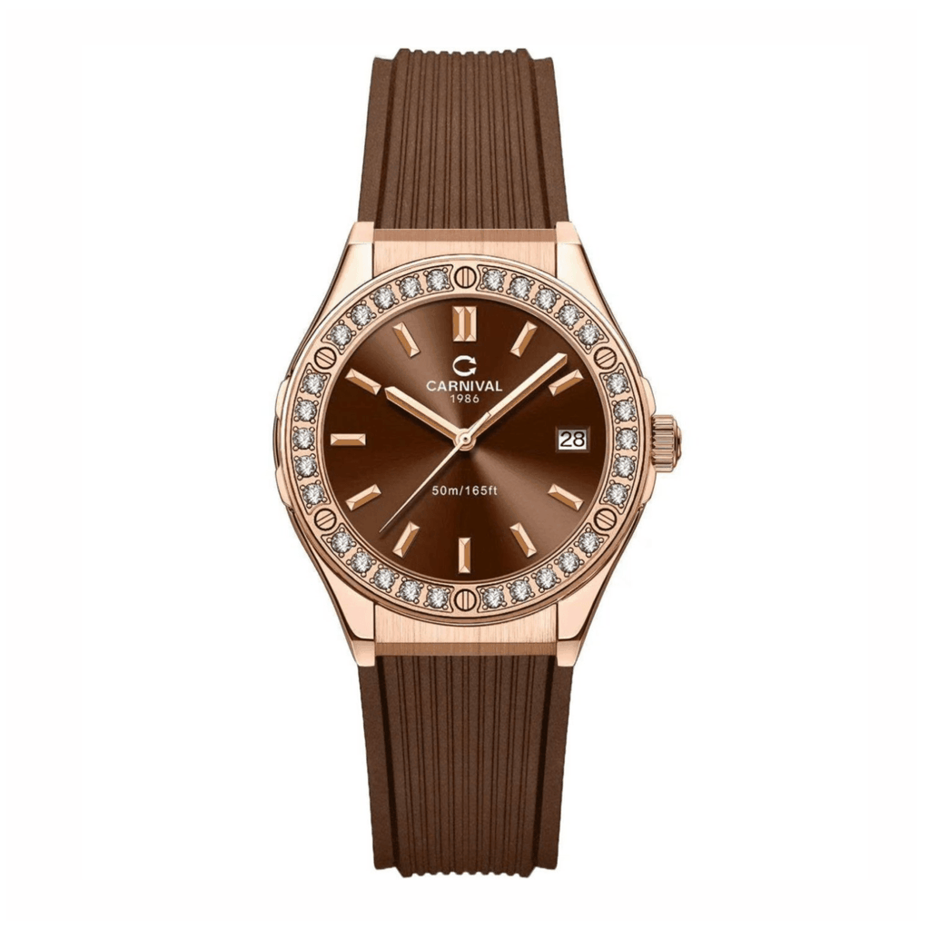 Đồng Hồ Nữ Carnival 8168L2 Dây Cao Su Nâu Đính Đá Rose Size 34mm Quartz 8168L2 VH-DCS-N