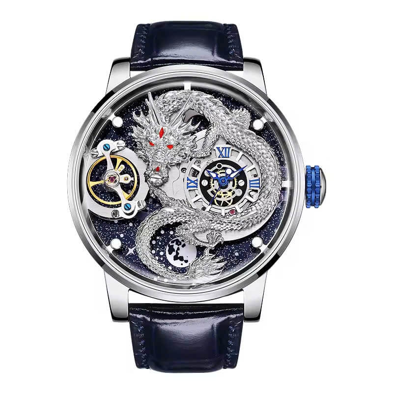 Đồng Hồ Nam Hanboro Automatic Dây Da Xanh Đậm Vỏ Silver Mặt Rồng Size 44mm HBR1018