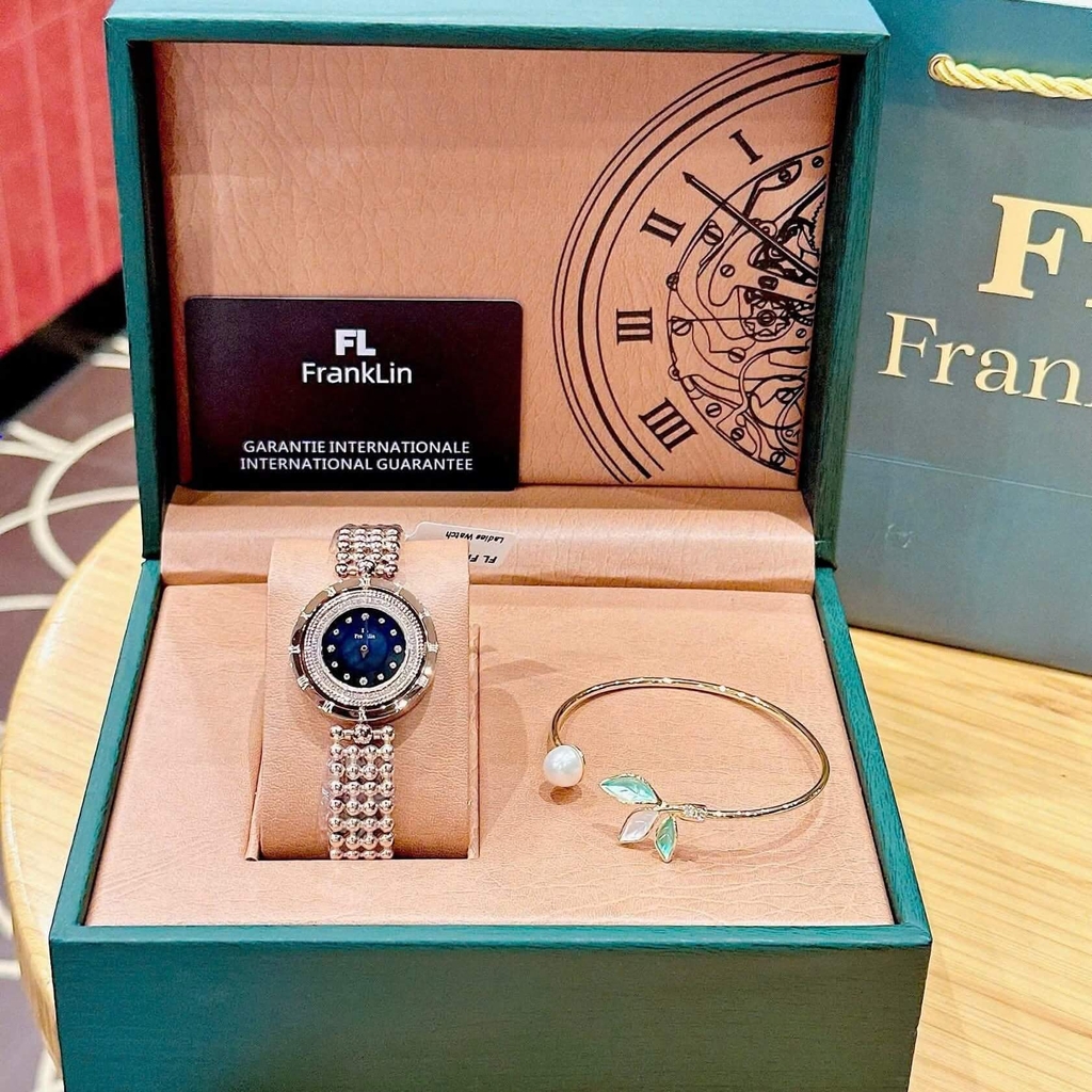 Đồng Hồ Nữ Franklin FL5488 Dây Thép Vàng Hồng Mặt Xà Cừ Đen Size 32mm Mặt Xoay 360 Độ
