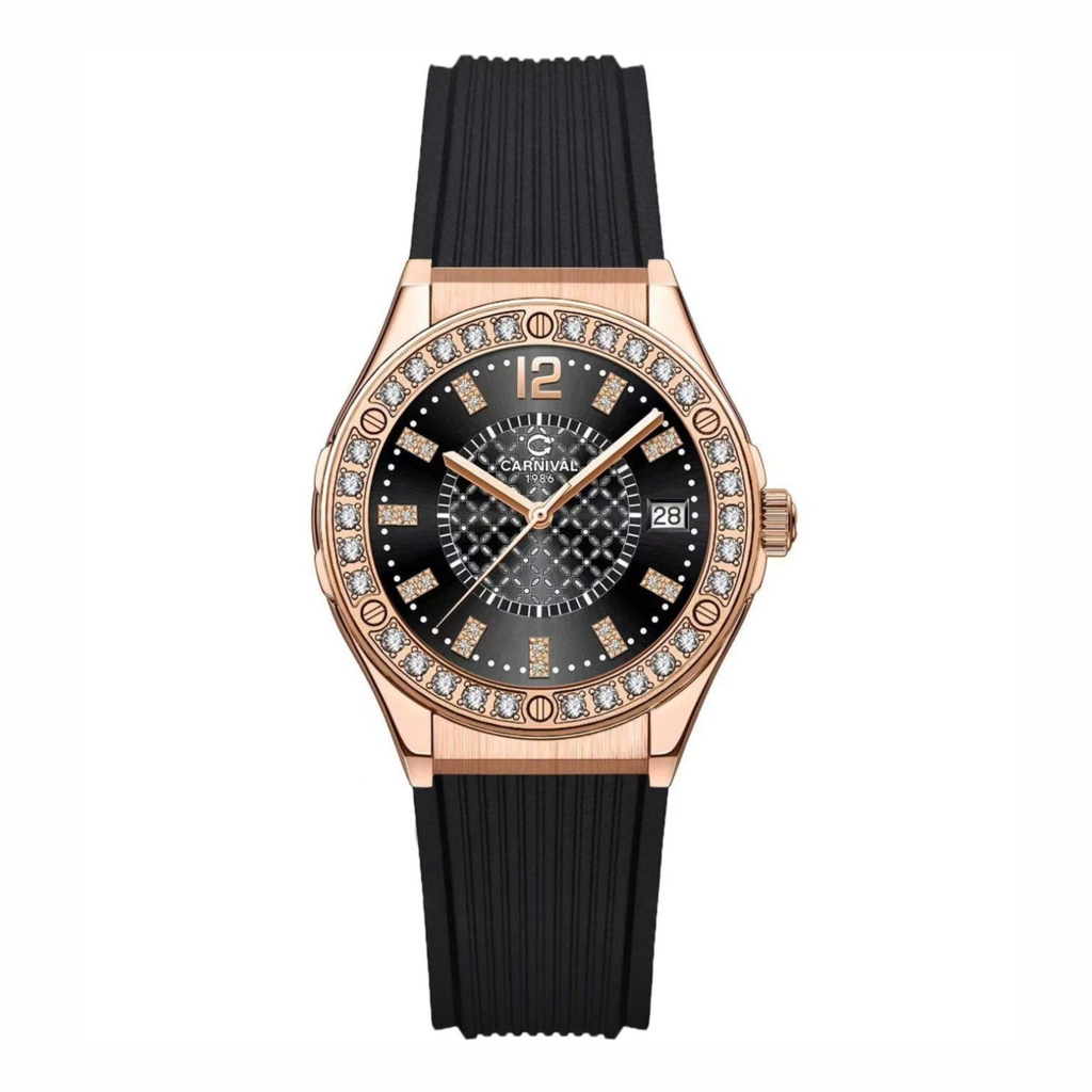 Đồng Hồ Nữ Carnival 8173L2 Dây Cao Su Đen Đính Đá Rose Size 34mm Quartz Japan Carnival 8173L2-VH-DCS-D