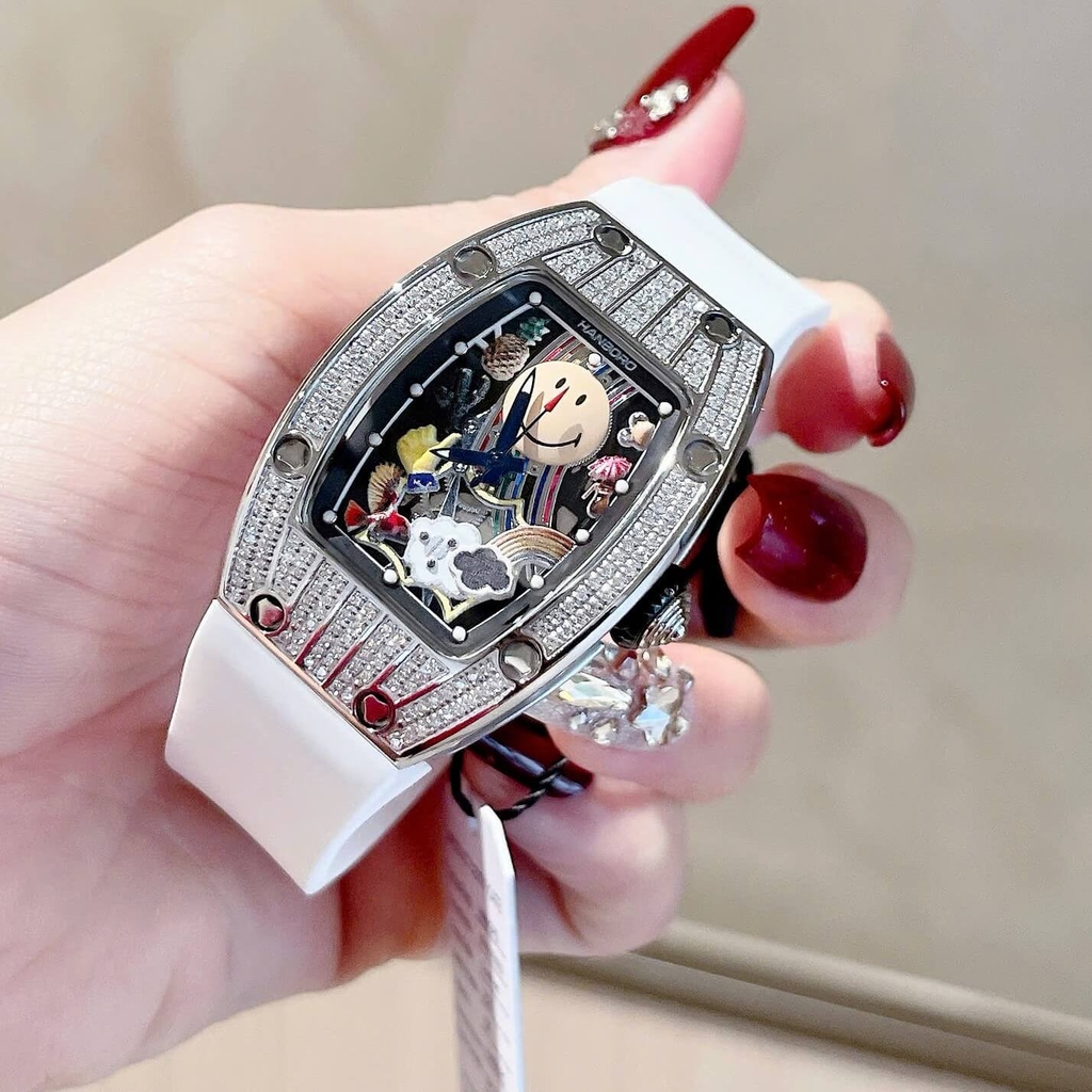Đồng Hồ Nữ Hanboro Mặt Cười Dây Cao Su Trắng Chính Hãng Đính Đá Silver Mặt Size 36mm Quartz