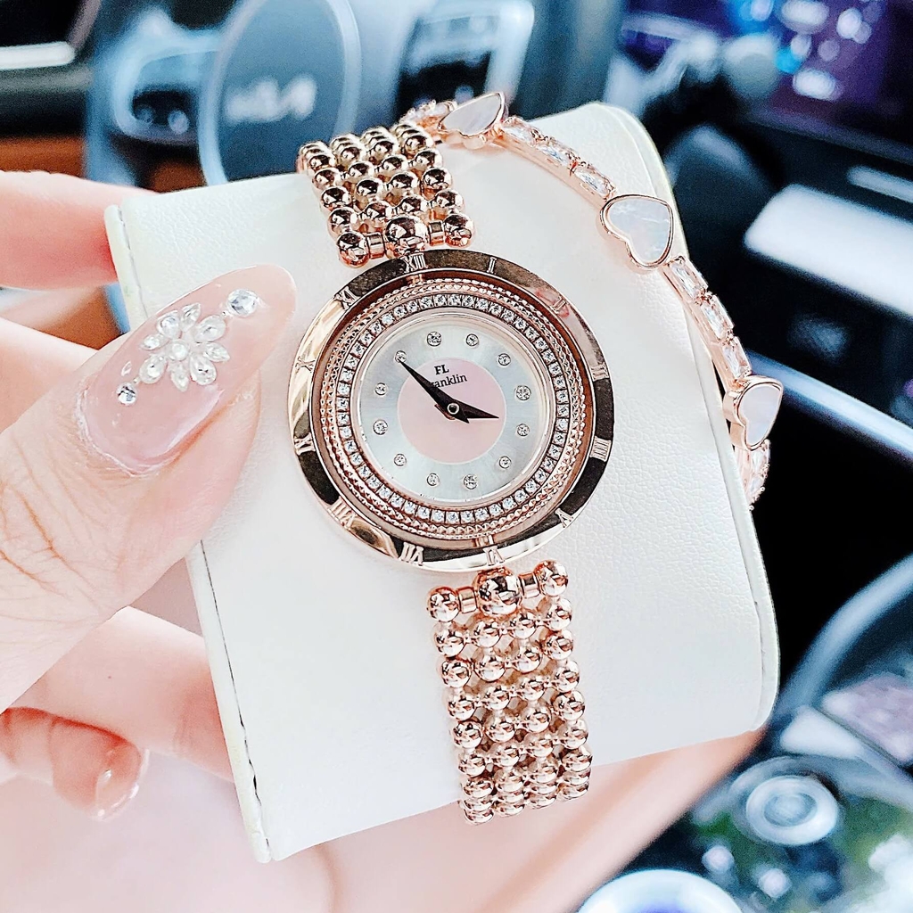 Đồng Hồ Nữ Franklin Màu Vàng Hồng Mặt Xà Cừ Trắng Size 32mm Mặt Xoay 360 Độ FL5488 Tặng Kèm Vòng Tay