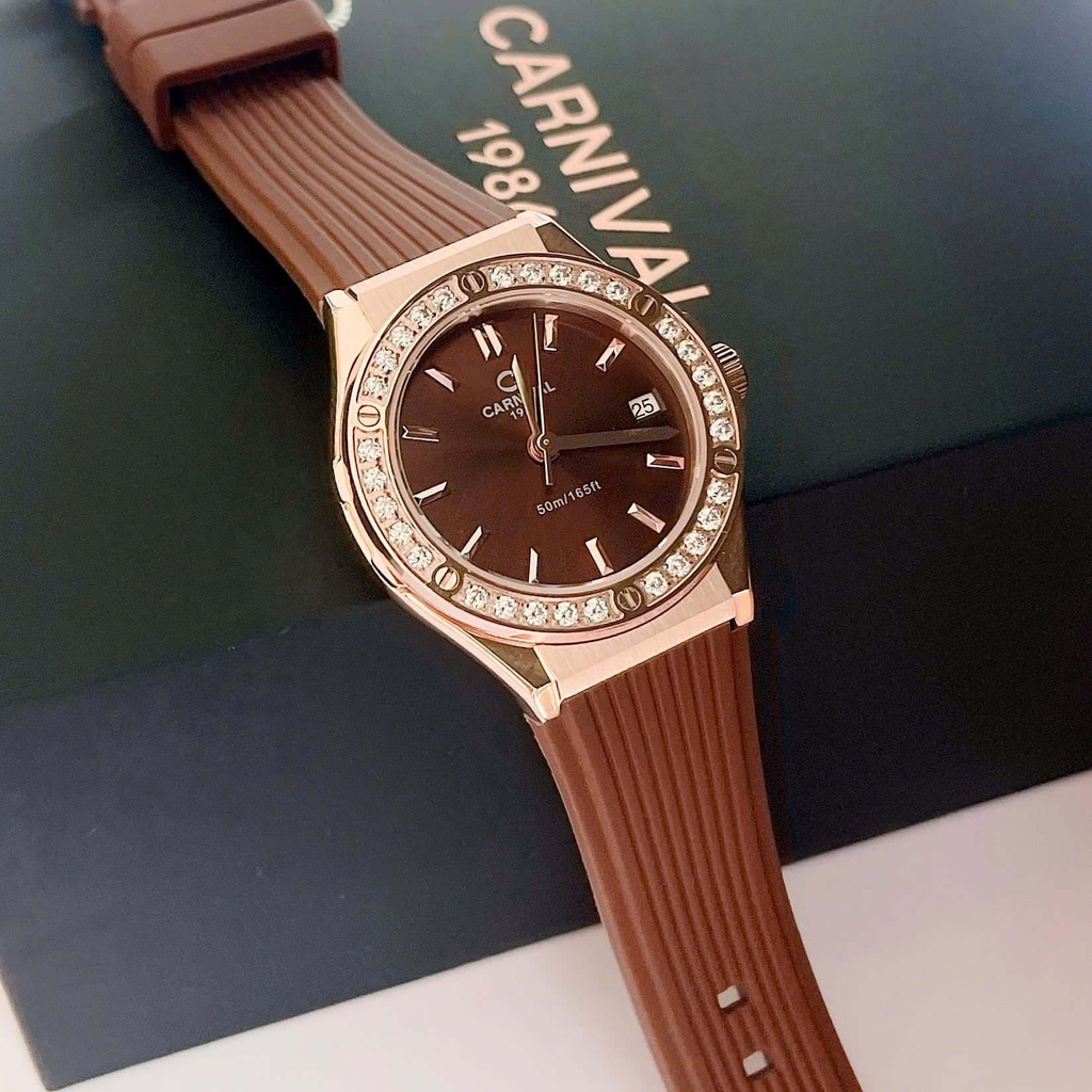 Đồng Hồ Nữ Carnival 8168L2 Dây Cao Su Nâu Đính Đá Rose Size 34mm Quartz 8168L2 VH-DCS-N