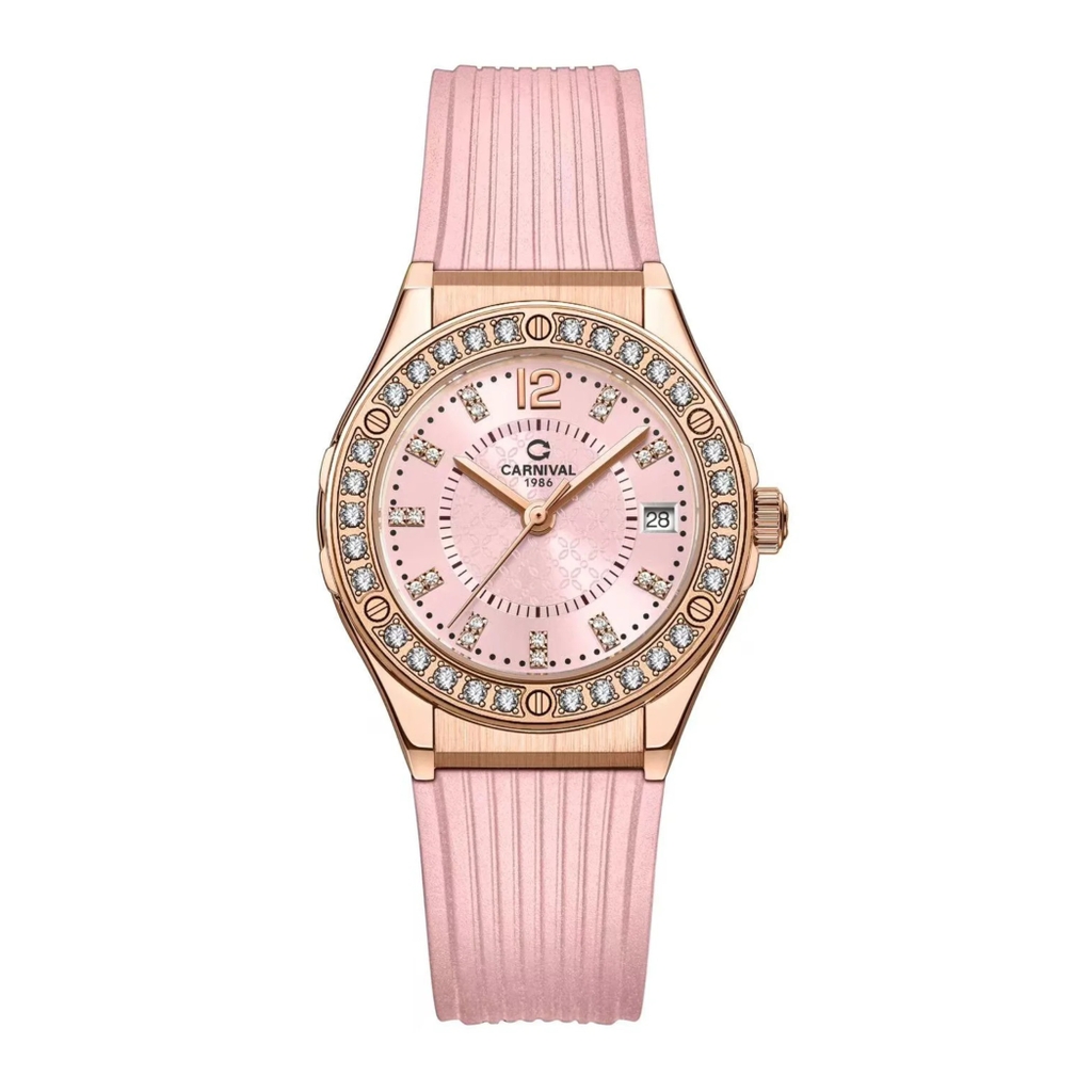 Đồng Hồ Nữ Carnival 8173L2 Dây Cao Su Hồng Đính Đá Rose Size 34mm Quartz Japan Carnival 8173L2-VH-DCS-H