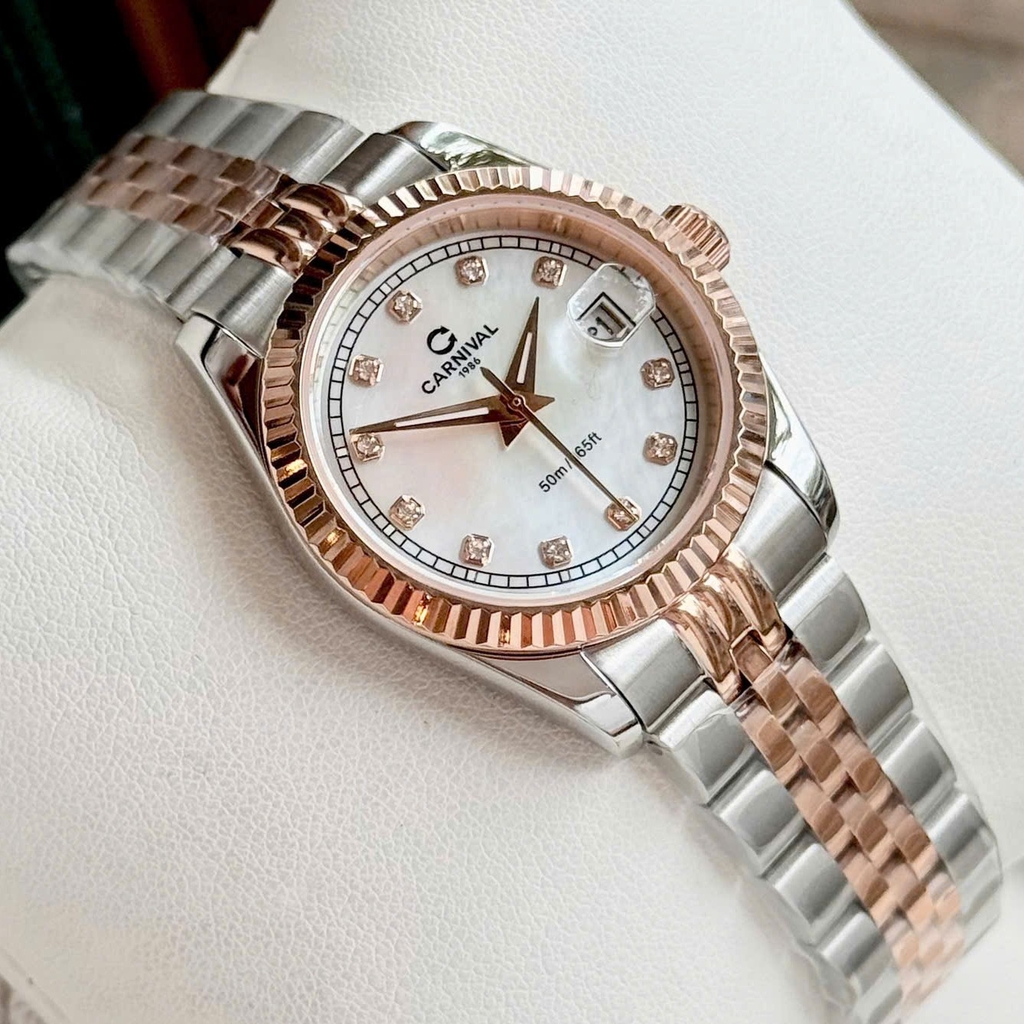 Đồng Hồ Nữ Carnival 8131L-CH-TK Demi Vàng Hồng Mặt Xà Cừ Trắng Size 30mm Quartz Japan