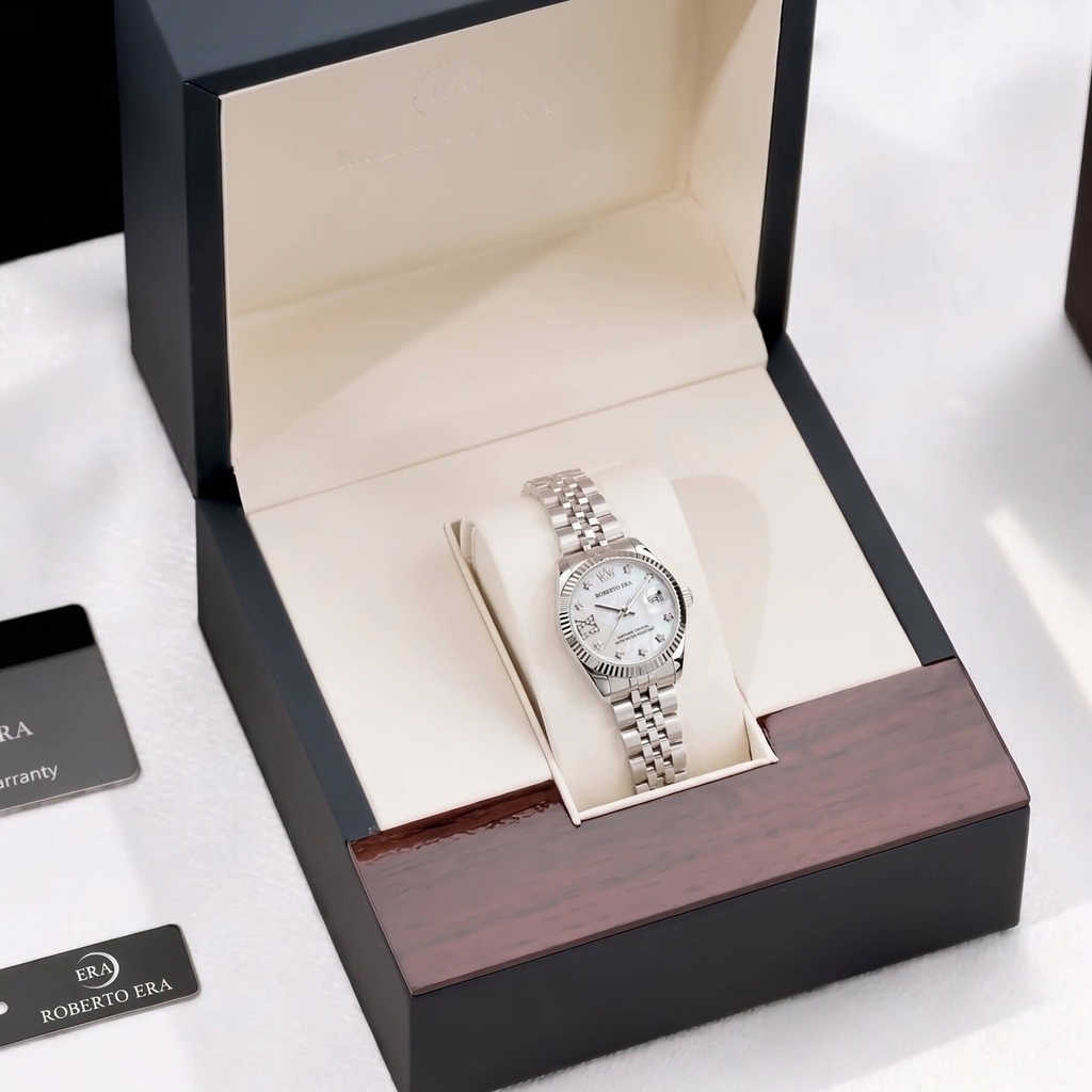 Đồng Hồ Nữ Roberto Era Dây Thép Silver Mặt Xà Cừ Trắng Niềng Khía Size 28mm RE1201